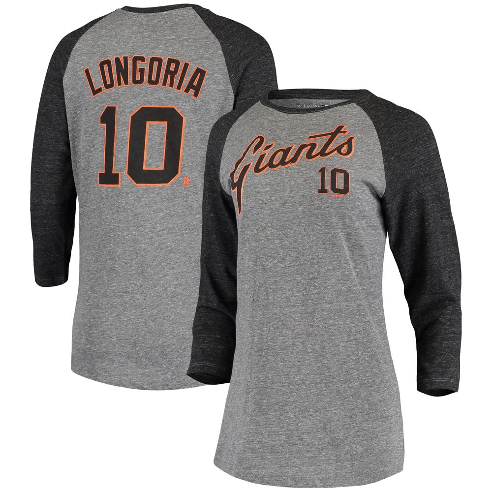 5th & Ocean by New Era Women's 5th & Ocean by New Era Evan Longoria Gray  San Francisco Giants Script Name Number Raglan Tri-Blend 3/4-Sleeve T-Shirt