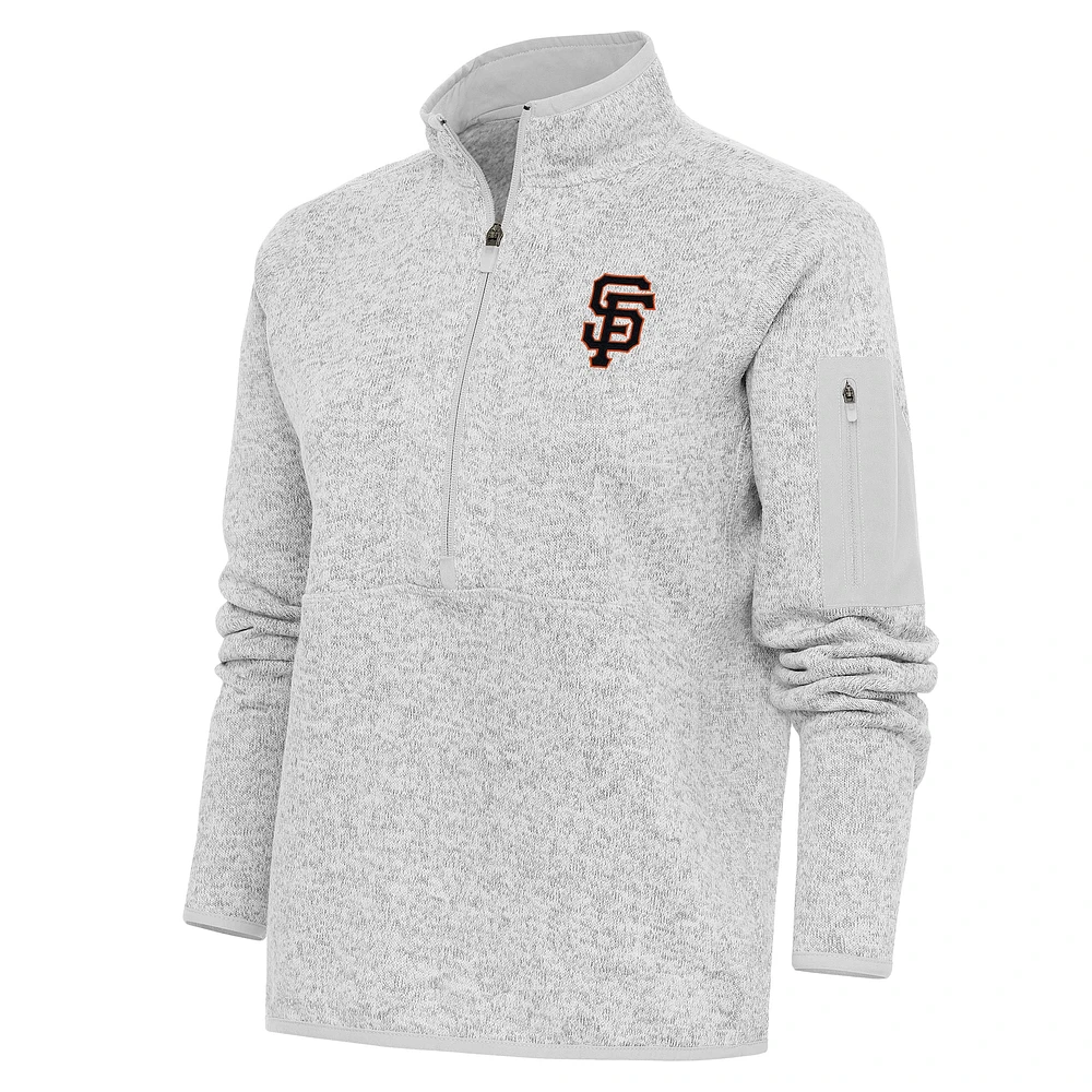 Women's Antigua Heather Gray San Francisco Giants Logo Fortune Quarter-Zip Pullover Jacket