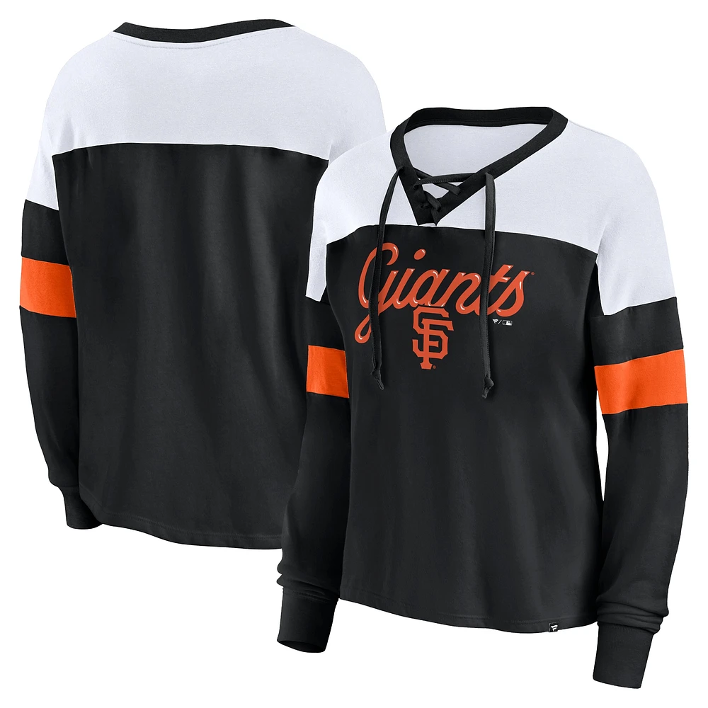 T-shirt à manches longues lacets et col en V Fanatics pour femmes, noir/blanc, San Francisco Giants Even Match