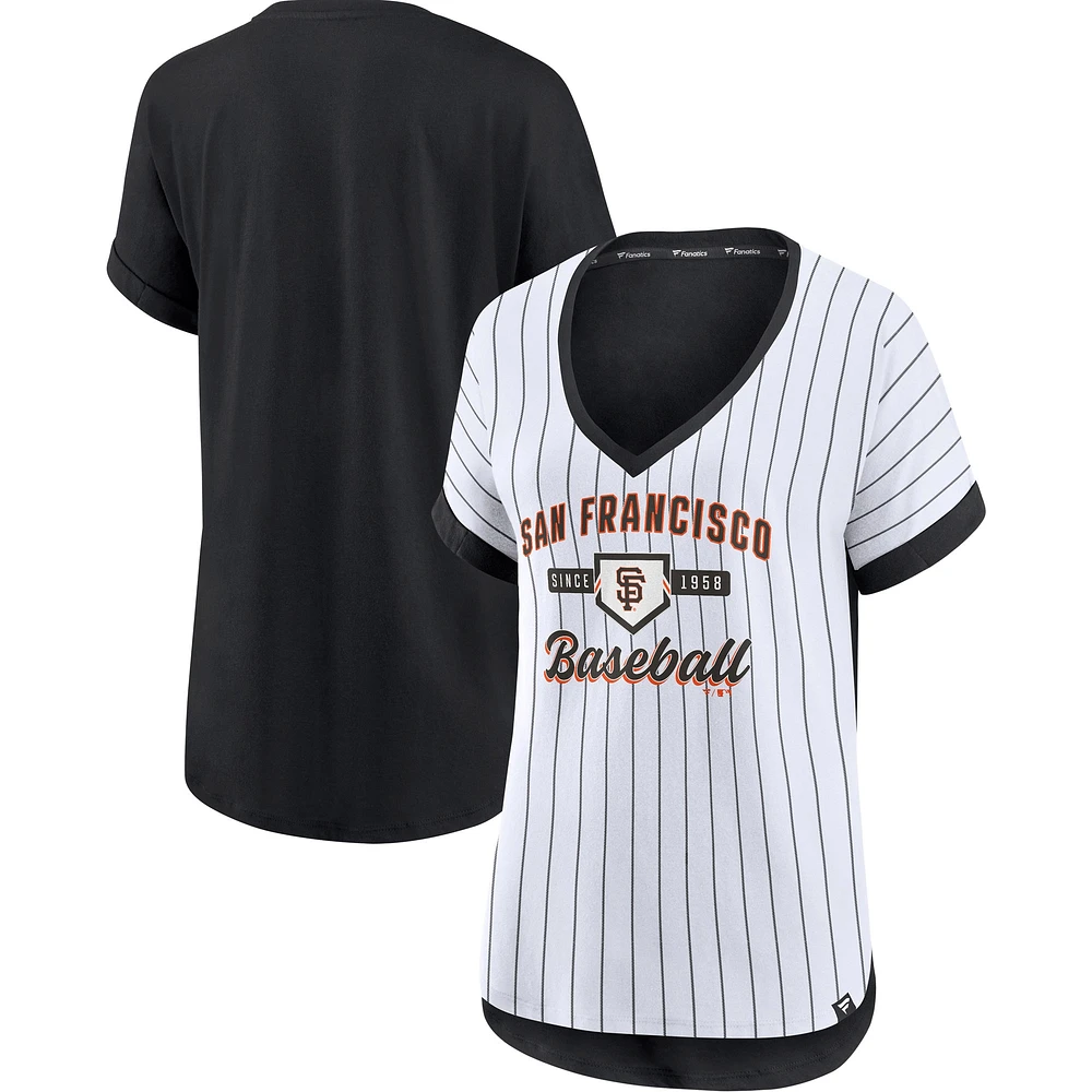 T-shirt à col en V fines rayures Fanatics pour femmes, blanc/noir, San Francisco Giants, Iconic Noise Factor