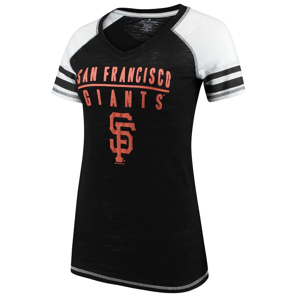 T-shirt à col en V blocs de couleurs pour femmes, doux comme un raisin, noir, San Francisco Giants