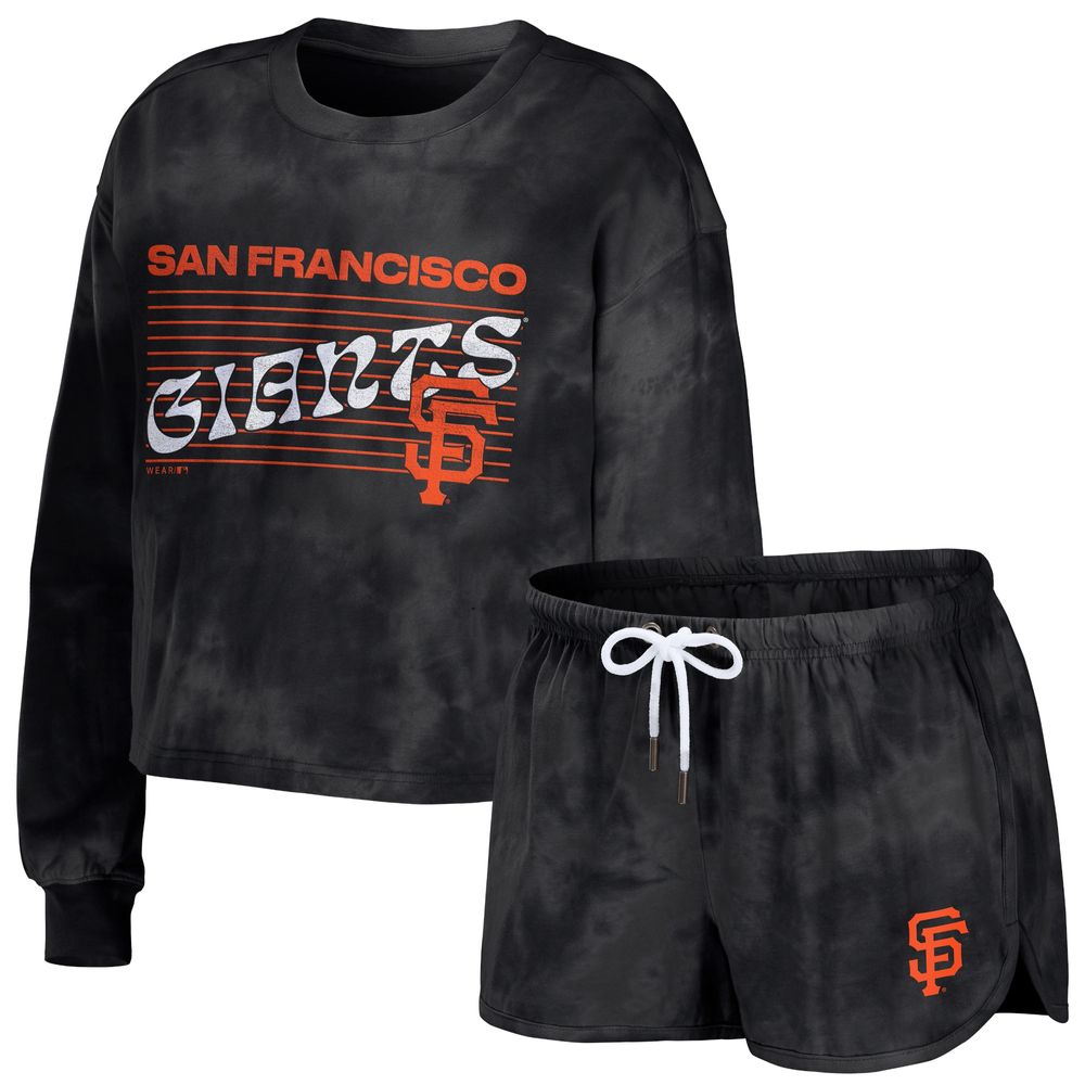 Women's WEAR by Erin Andrews Black San Francisco Giants Tie-Dye Cropped Pullover Sweatshirt & Shorts Lounge Set