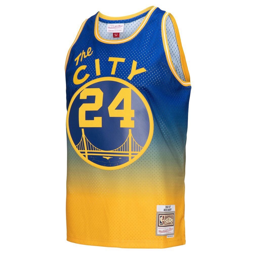 Men's Mitchell & Ness Rick Barry Gold/Royal San Francisco Warriors 1966/67 Hardwood Classics Fadeaway Swingman Player Jersey