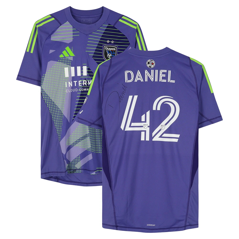 Maillot adidas violet dédicacé Daniel de Sousa Britto des San Jose Earthquakes, numéro 42, utilisé lors du match, saison 2024 de la MLS - Taille XL