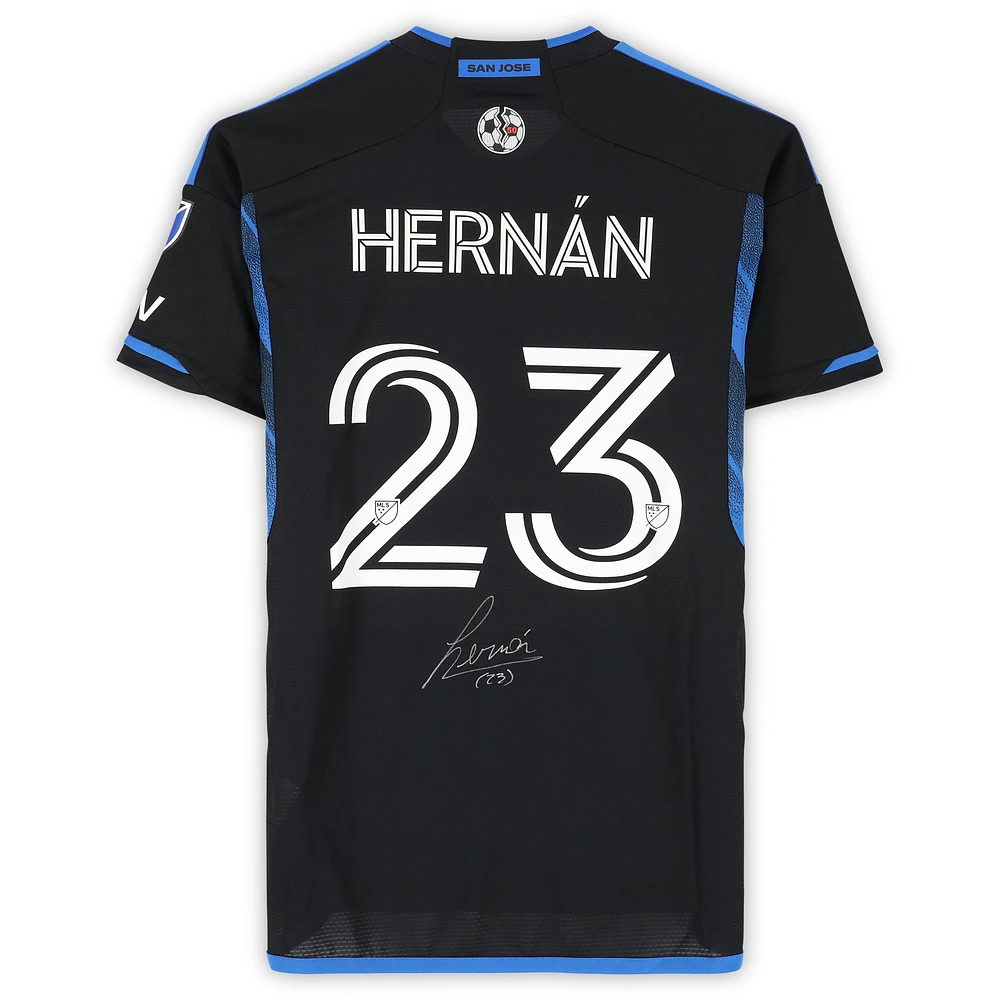 Maillot adidas bleu/noir dédicacé Hernán López des San Jose Earthquakes #23, utilisé lors du match, saison 2024 de la MLS - Taille M