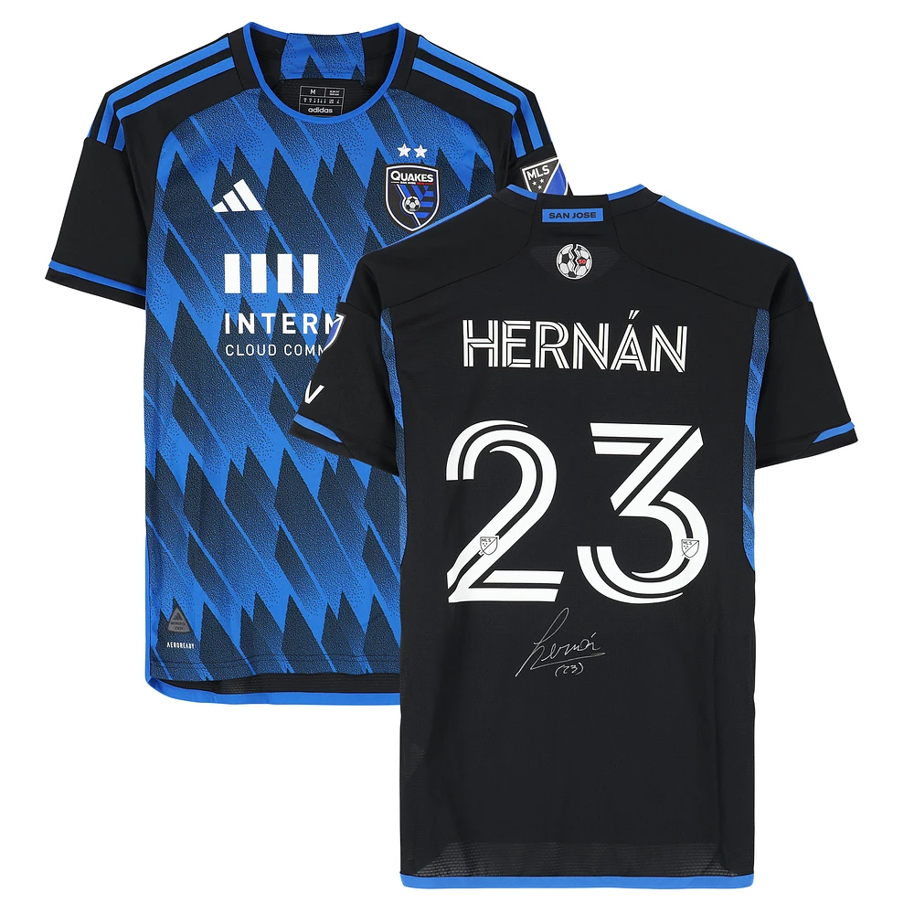 Maillot adidas bleu/noir dédicacé Hernán López des San Jose Earthquakes #23, utilisé lors du match, saison 2024 de la MLS - Taille M