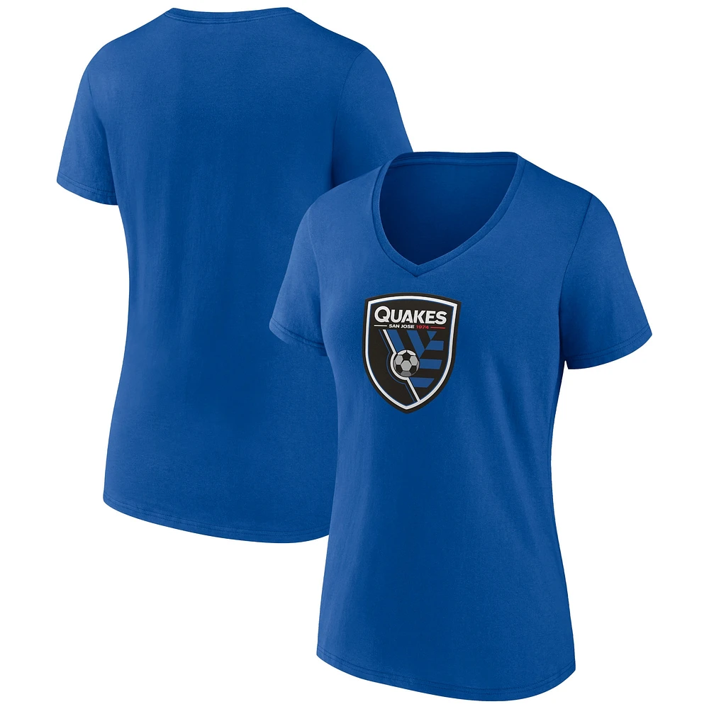 T-shirt bleu à col en V avec logo des tremblements de terre San Jose marque Fanatics pour femmes