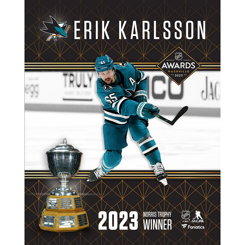 Photographie stylisée non signée du vainqueur trophée Norris 2023 des Sharks de San Jose par Erik Karlsson
