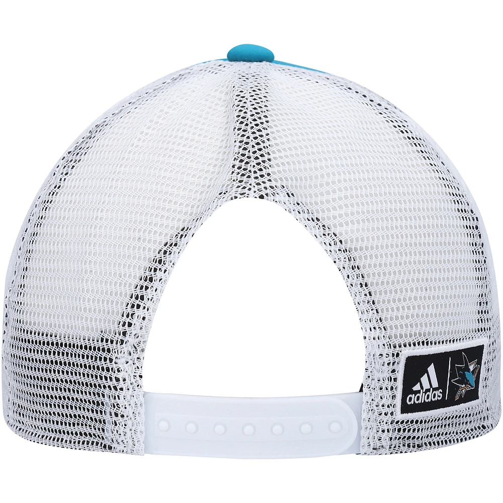 Casquette snapback adidas San Jose Sharks Team Plate Trucker pour hommes, bleu sarcelle/blanc