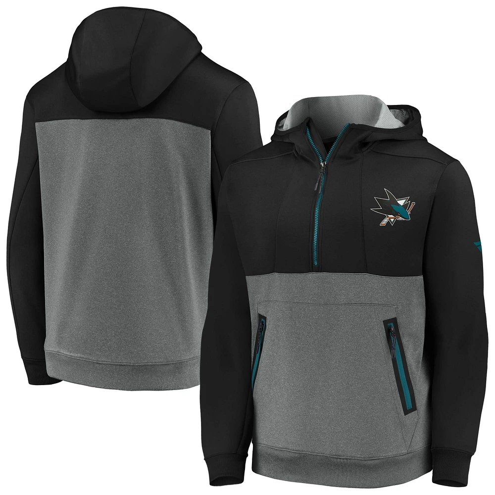 Sweat à capuche demi-zippé technique Authentic Pro Travel & Training San Jose Sharks noir/gris chiné pour homme