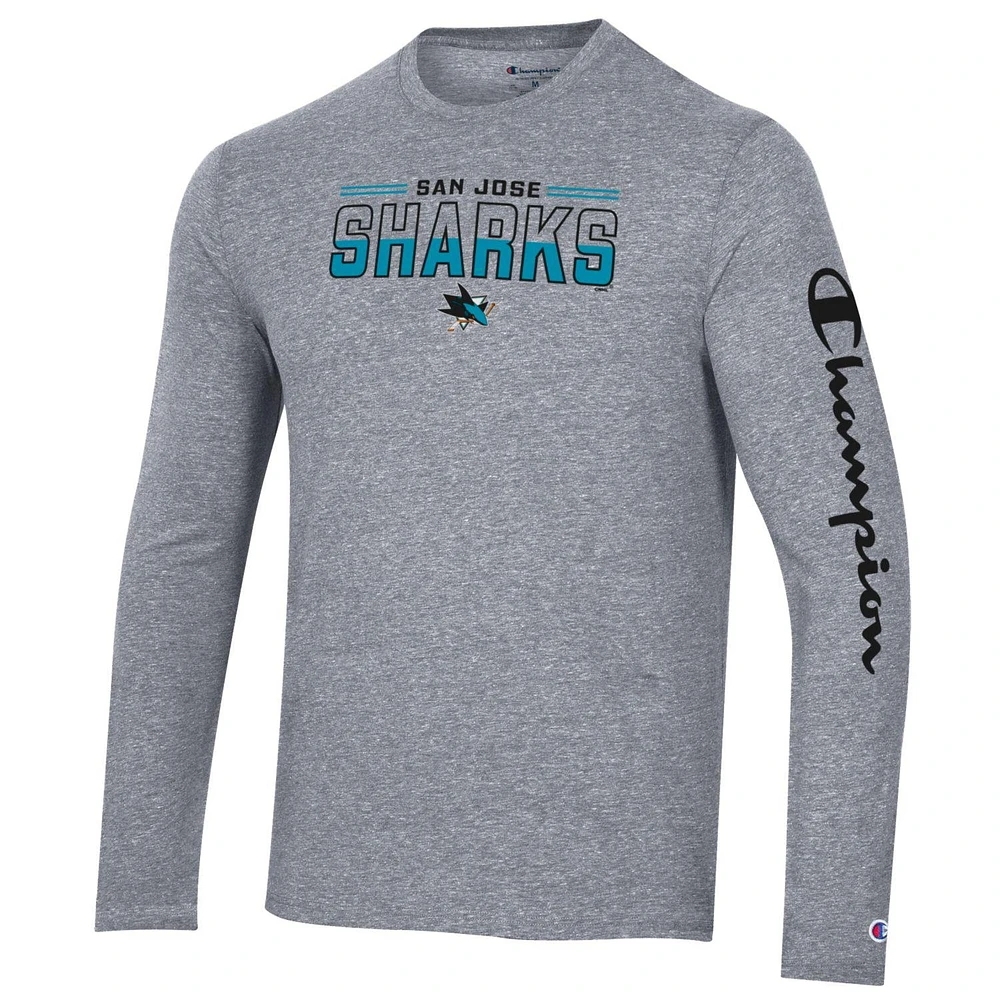 Men's Champion Heather Gray San Jose Sharks Tri-Blend Long Sleeve T-Shirt