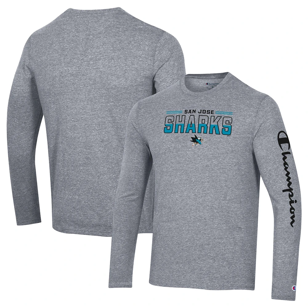 Men's Champion Heather Gray San Jose Sharks Tri-Blend Long Sleeve T-Shirt