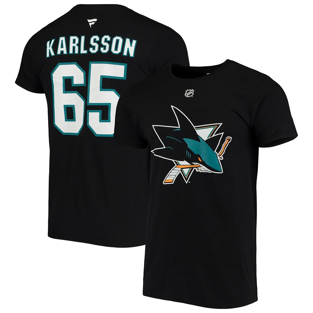 T-shirt noir authentique pour homme Erik Karlsson avec nom et numéro Stack des Sharks de San Jose