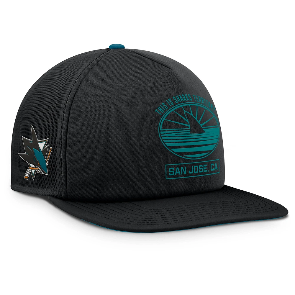 Casquette snapback en mousse Fanatics noire/bleu sarcelle pour homme San Jose Sharks Authentic Pro Hometown Rink