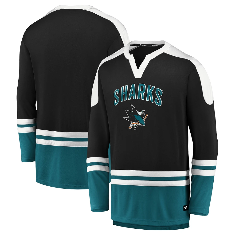 T-shirt à manches longues emblématique Slapshot des Sharks de San Jose Fanatics noir/bleu sarcelle pour hommes