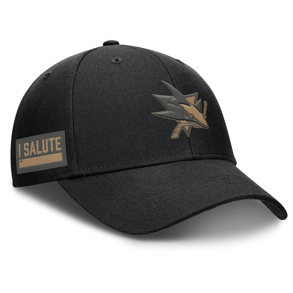 Casquette ajustable authentique Pro Military Appreciation Fanatics pour hommes, noire, San Jose Sharks