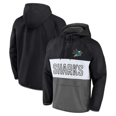 San Jose Sharks Fanatics Branded Backhand Shooter Defender Anorak Raglan Hoodie Quarter-Zip Jacket - Black/Gray