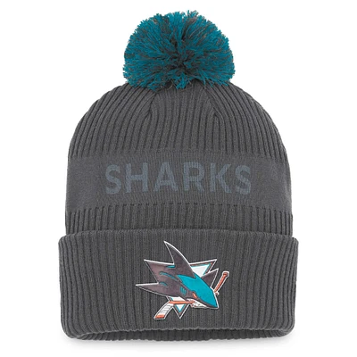 Bonnet en tricot à revers de glace authentique Pro Home Fanatics Charcoal San Jose Sharks pour hommes avec pompon