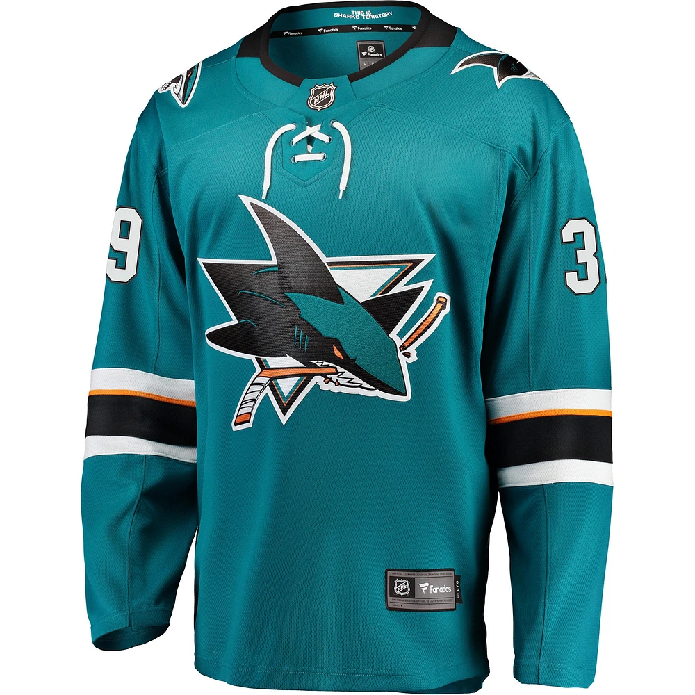 Fanatics Logan Couture pour hommes, bleu sarcelle, San Jose Sharks 2021/22, maillot de joueur Breakaway Premier à domicile