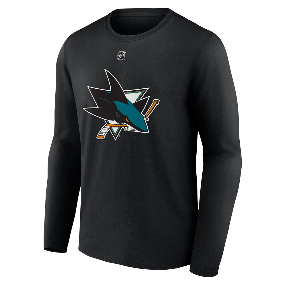 T-shirt à manches longues authentique pour homme Fanatics Macklin Celebrini Black San Jose Sharks avec nom et numéro Stack