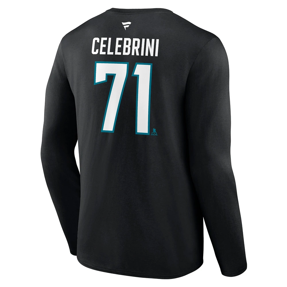 T-shirt à manches longues authentique pour homme Fanatics Macklin Celebrini Black San Jose Sharks avec nom et numéro Stack