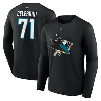 T-shirt à manches longues authentique pour homme Fanatics Macklin Celebrini Black San Jose Sharks avec nom et numéro Stack