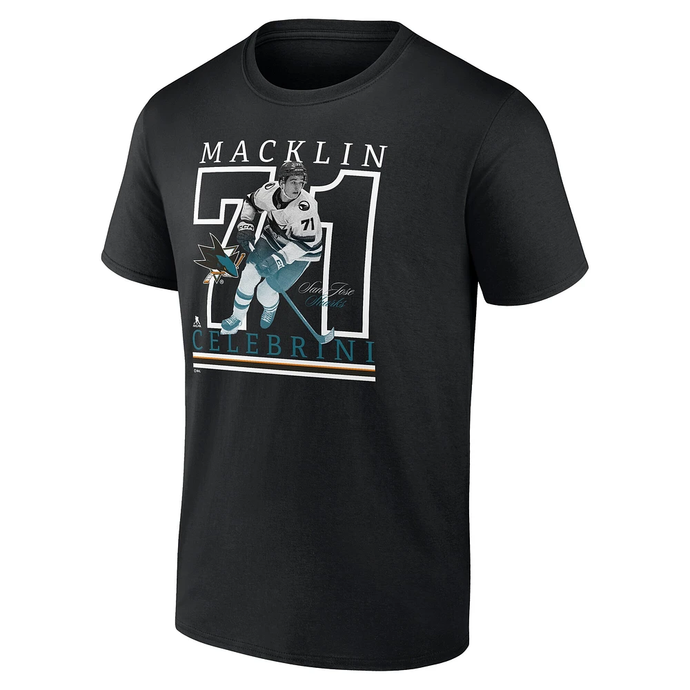 Men's Fanatics Macklin Celebrini Black San Jose Sharks Authentic Stack Name & Number T-Shirt