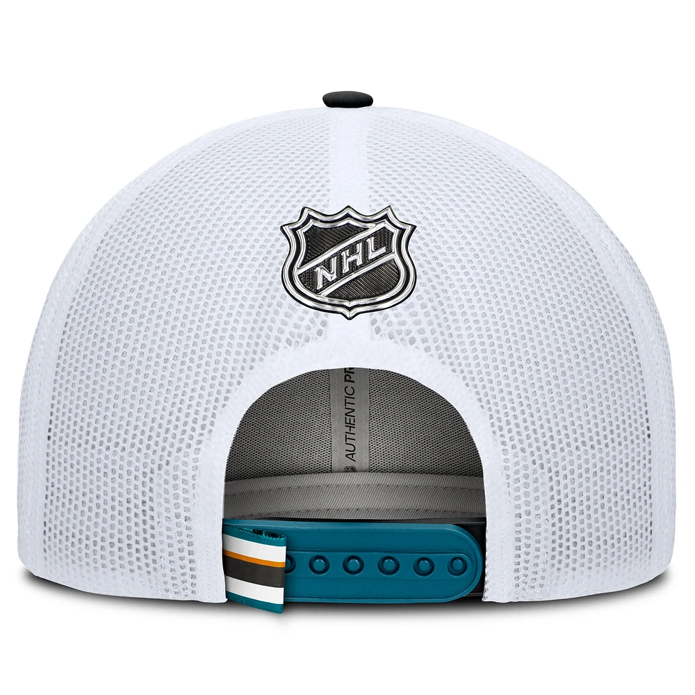 Casquette de camionneur authentique Pro Rink Fanatics pour homme bleu sarcelle/blanc des Sharks de San Jose