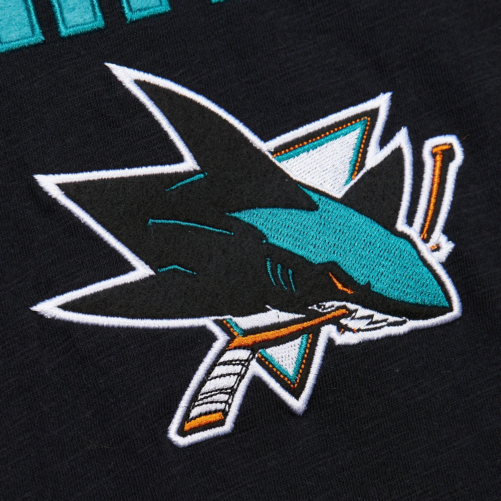 Men's Mitchell & Ness  Black/Teal San Jose Sharks Legendary Slub Raglan Long Sleeve T-Shirt