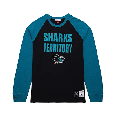 T-shirt à manches longues raglan légendaire noir/bleu sarcelle pour homme Mitchell & Ness San Jose Sharks