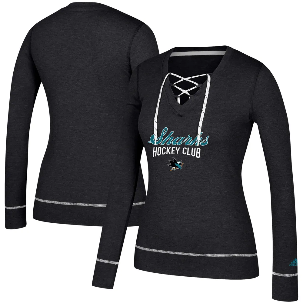 T-shirt à manches longues et col en V lacets adidas Heathered Black San Jose Sharks Skate Through pour femme