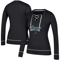 T-shirt à manches longues et col en V lacets adidas Heathered Black San Jose Sharks Skate Through pour femme