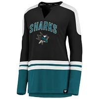 Women's Black/Teal San Jose Sharks Iconic Slapshot Long Sleeve Notch Neck T-Shirt