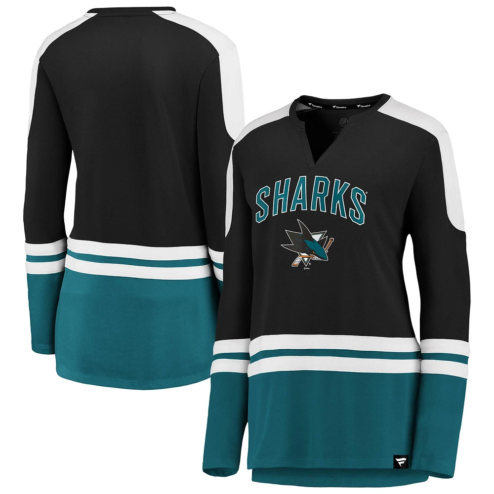 Women's Black/Teal San Jose Sharks Iconic Slapshot Long Sleeve Notch Neck T-Shirt