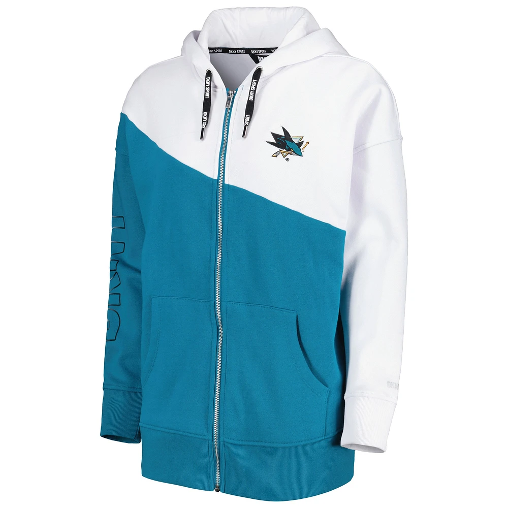 Sweat à capuche zippé DKNY Sport San Jose Sharks Gina pour femme, bleu sarcelle/blanc