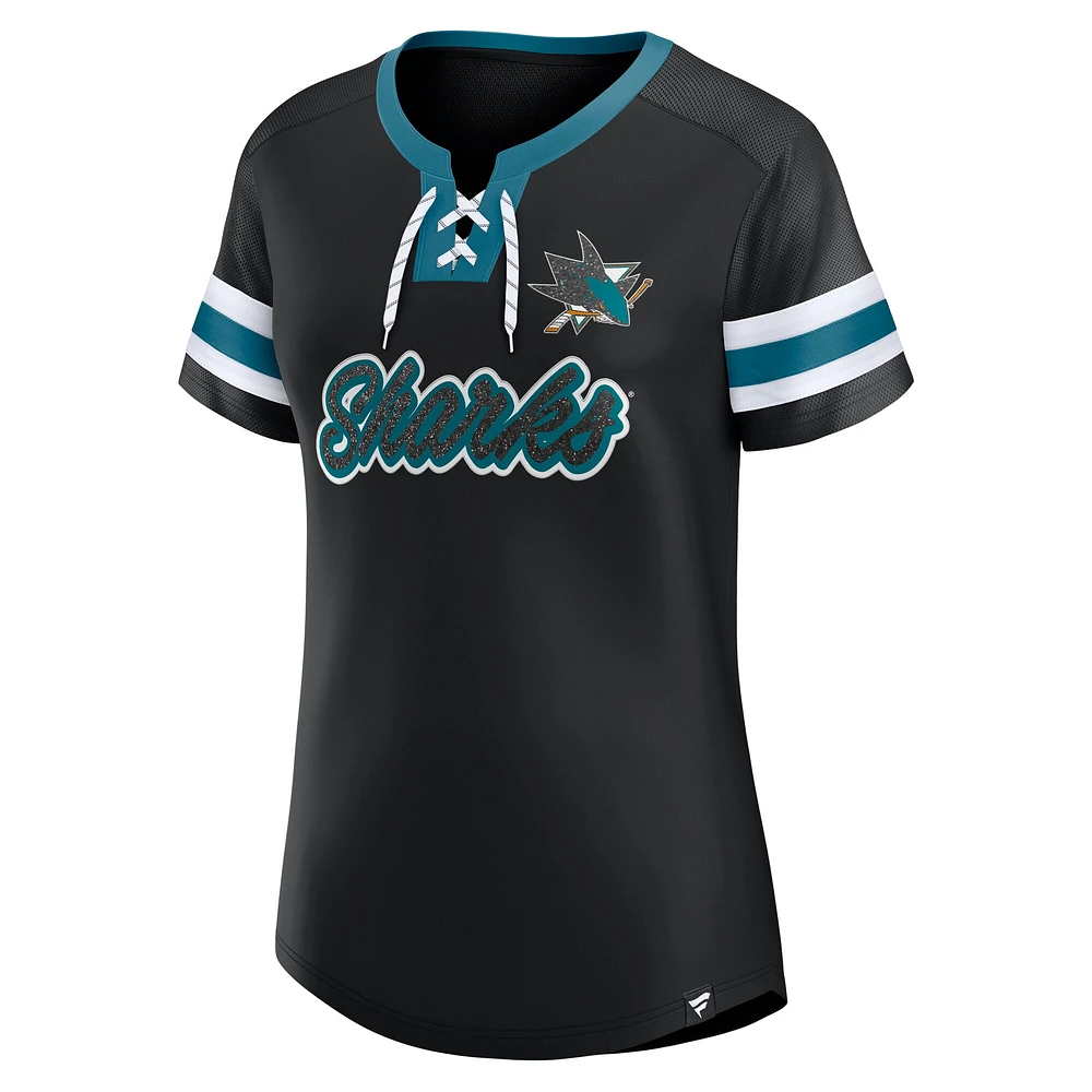 Women's Fanatics Black San Jose Sharks Iconic Athena Lace-Up T-Shirt