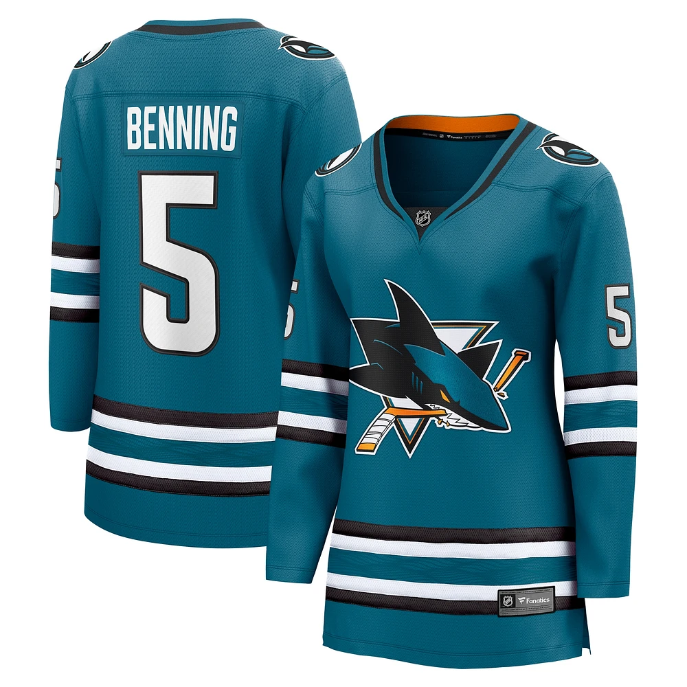 Fanatics pour femmes Matt Benning Teal San Jose Sharks Maillot de joueur échappé à domicile