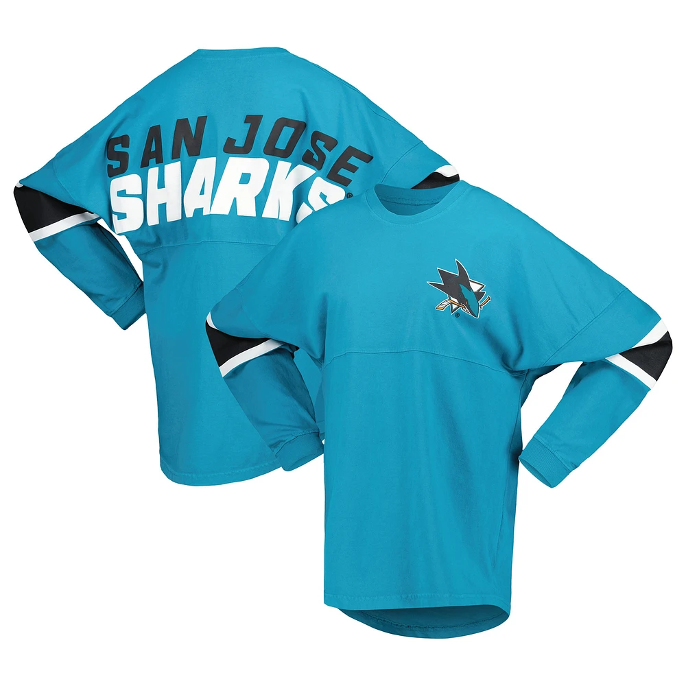 T-shirt à manches longues en jersey San Jose Sharks bleu sarcelle de marque Fanatics pour femme