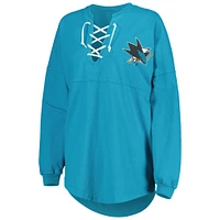 Women's Fanatics Teal San Jose Sharks Spirit Lace-Up V-Neck Long Sleeve Jersey T-Shirt