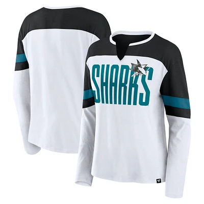 T-shirt à manches longues et col cranté pour femme Fanatics San Jose Sharks blanc/noir Frozen