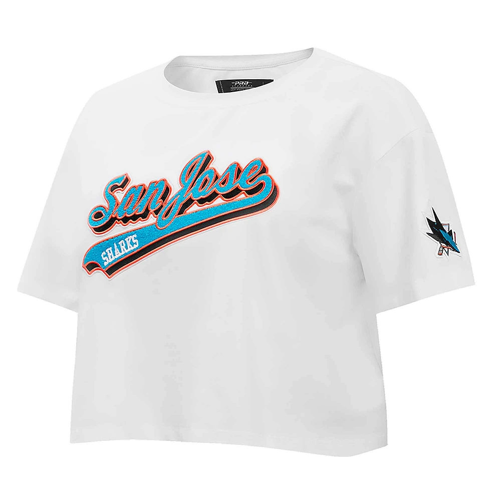 Women's Pro Standard White San Jose Sharks Boxy Script Tail Cropped T-Shirt