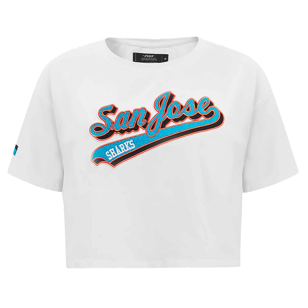 Women's Pro Standard White San Jose Sharks Boxy Script Tail Cropped T-Shirt