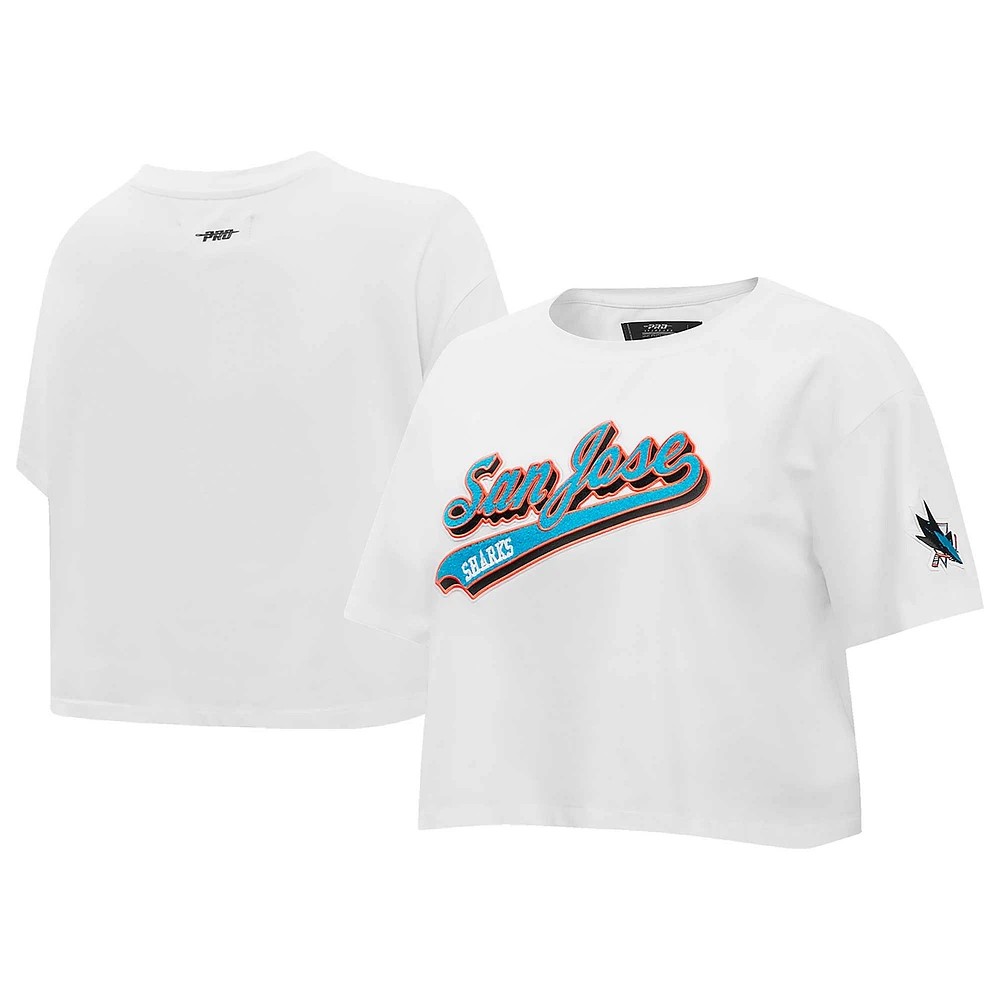 Women's Pro Standard White San Jose Sharks Boxy Script Tail Cropped T-Shirt