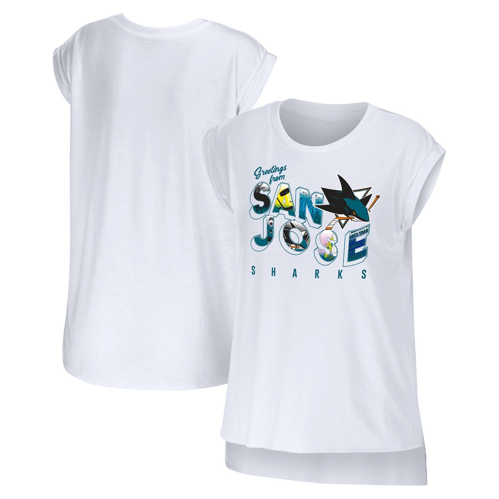 Women's WEAR by Erin Andrews White San Jose Sharks Greetings From Muscle T-Shirt