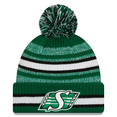 Men's New Era  Green Saskatchewan Roughriders Sideline 6 Dart Cuffed Knit Hat with Pom