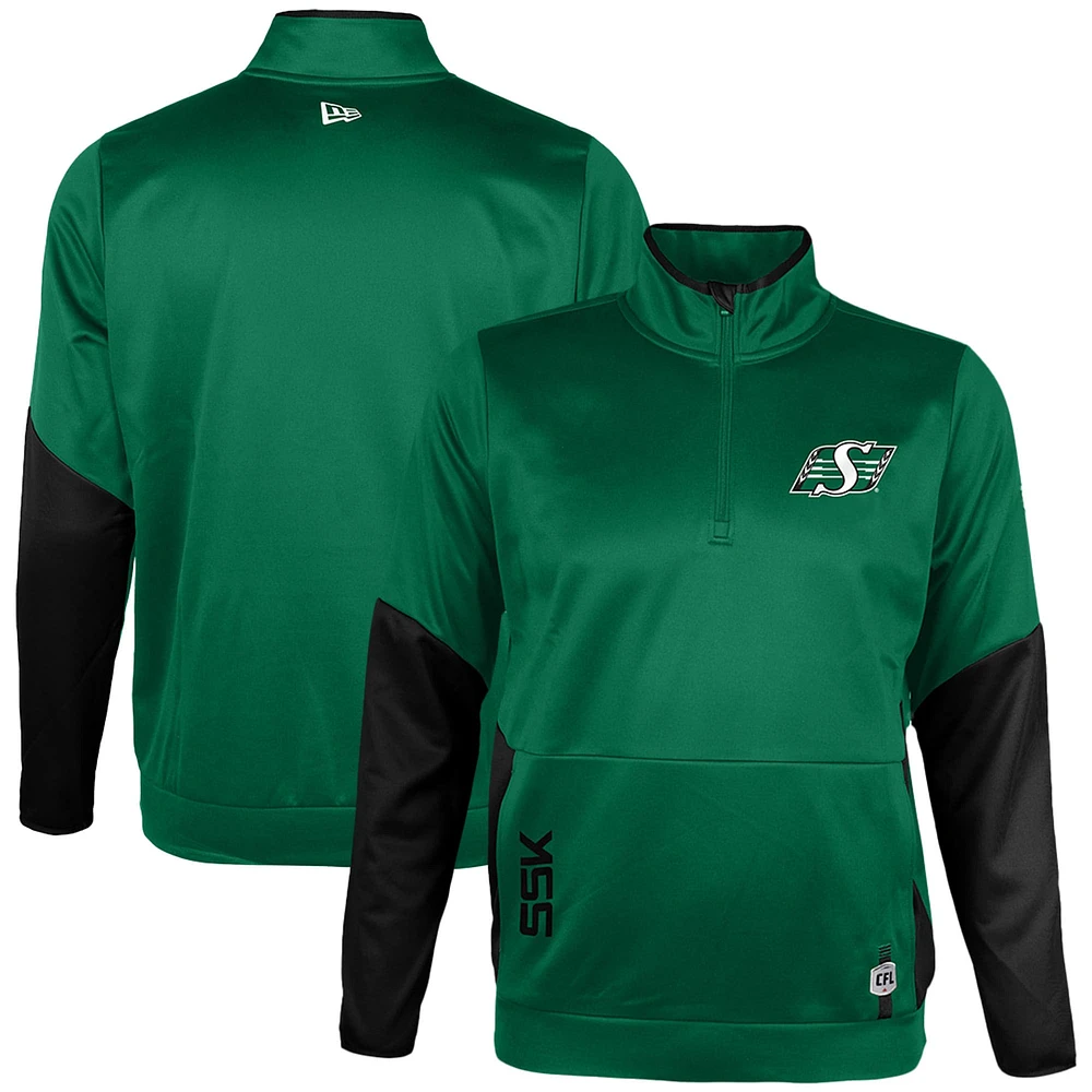 Men's New Era Green Saskatchewan Roughriders Sideline Performance Fleece Quarter-Zip Top