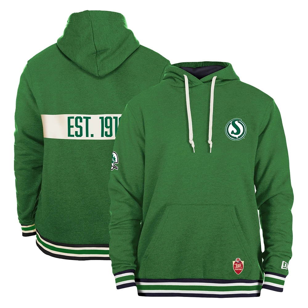 Men's New Era Kelly Green Saskatchewan Roughriders Turf Traditions Pullover Hoodie