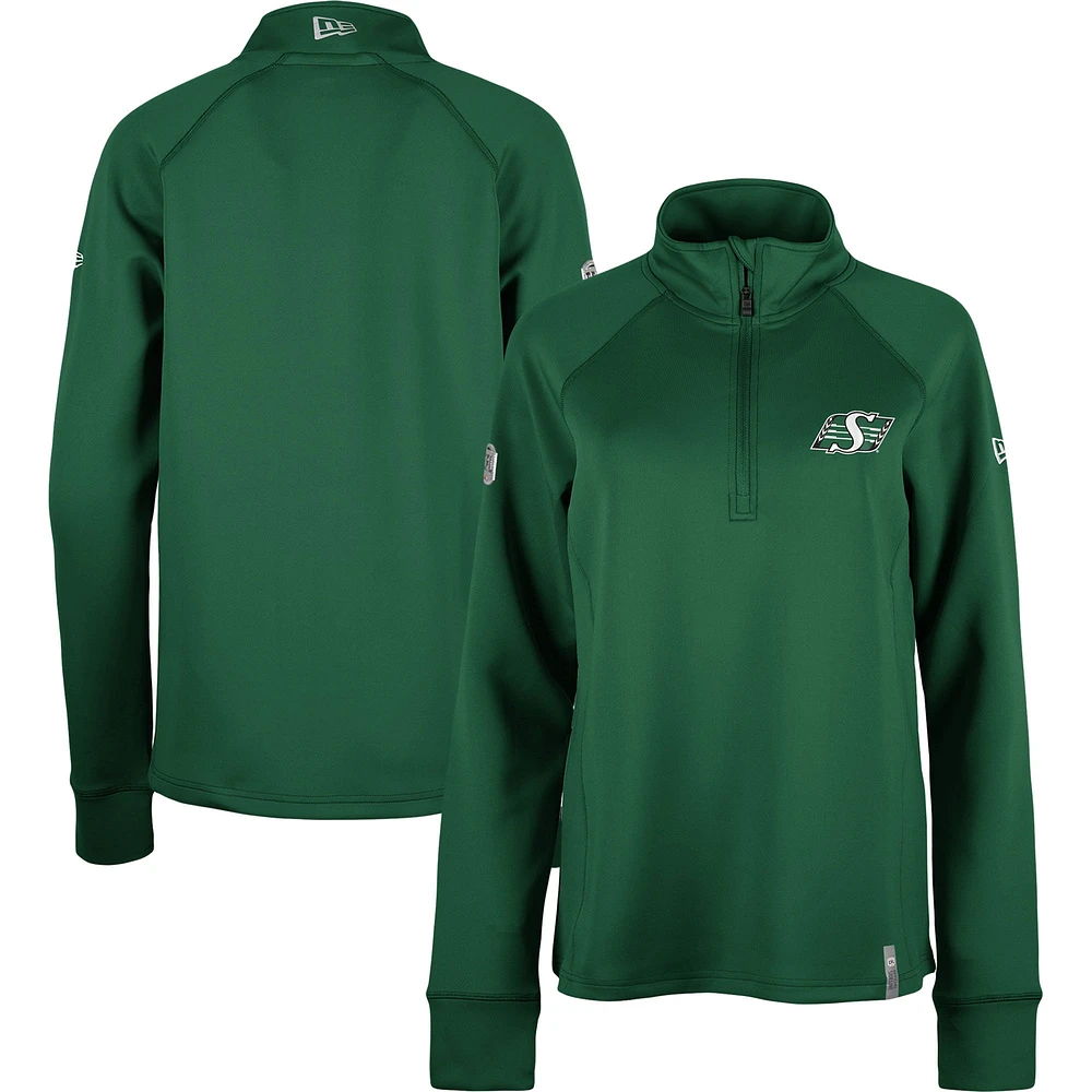 Women's 5th & Ocean by New Era Green Saskatchewan Roughriders Sideline Piper Performance Raglan Quarter-Zip Top