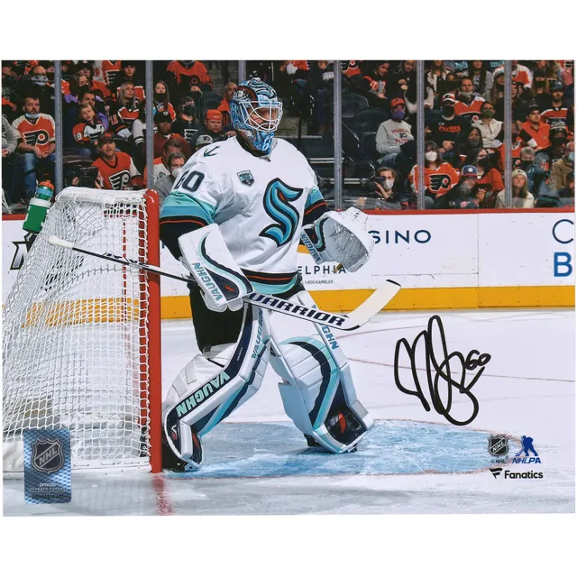 Logan Thompson Vegas Golden Knights Autographed 8 x 10 Reverse Retro Jersey in Net Photograph