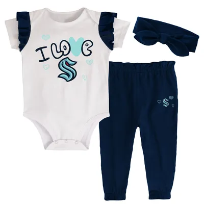 Seattle Kraken Girls Infant I Love Hockey Bodysuit, Pants & Headband Set - White/Deep Sea Blue
